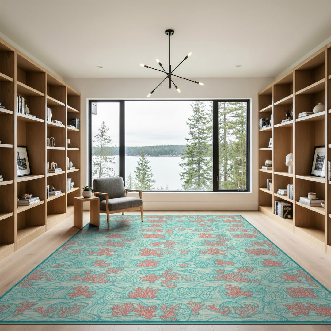 Teal Coral Wave Washable Area Rug