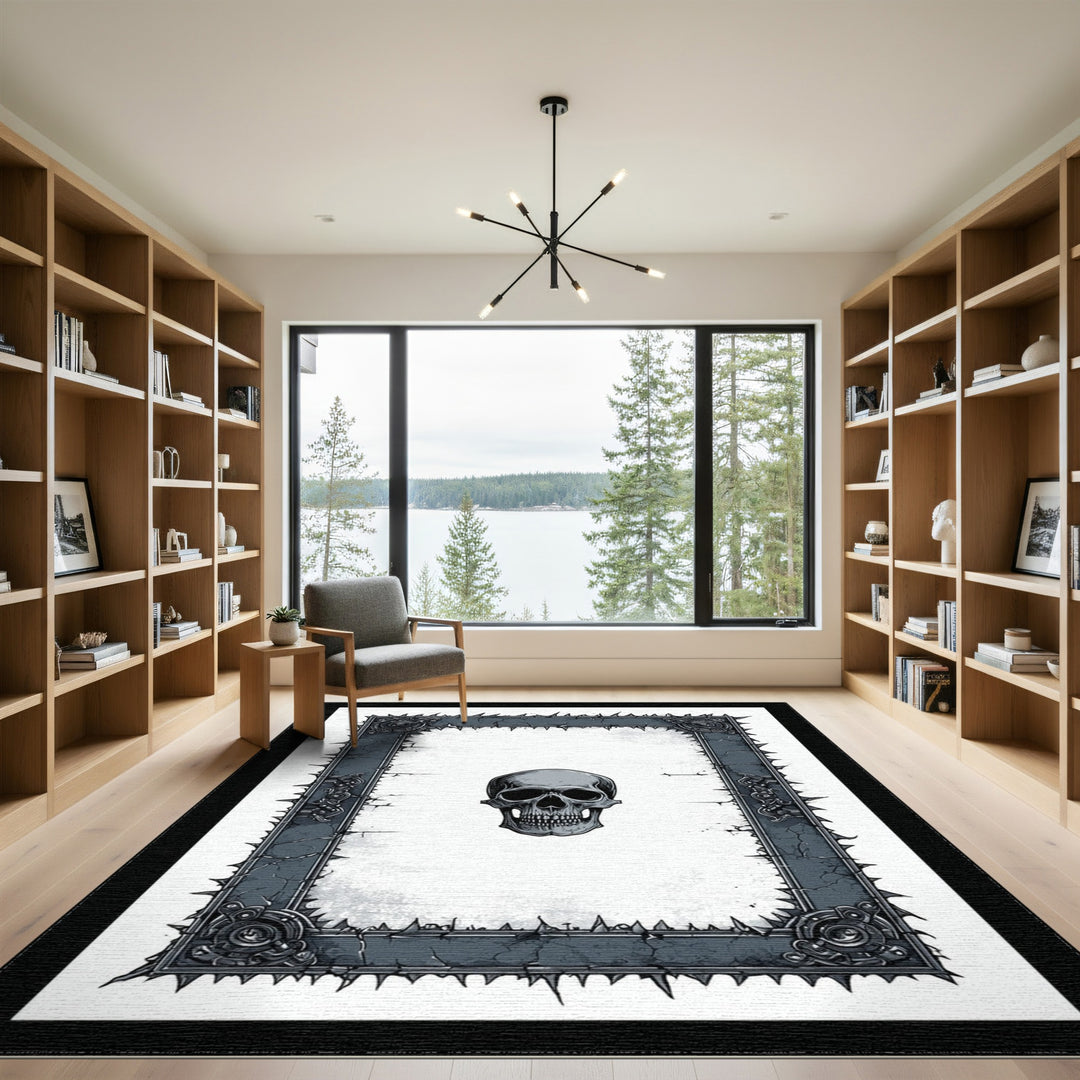 Black White Skull Frame Distressed Rug
