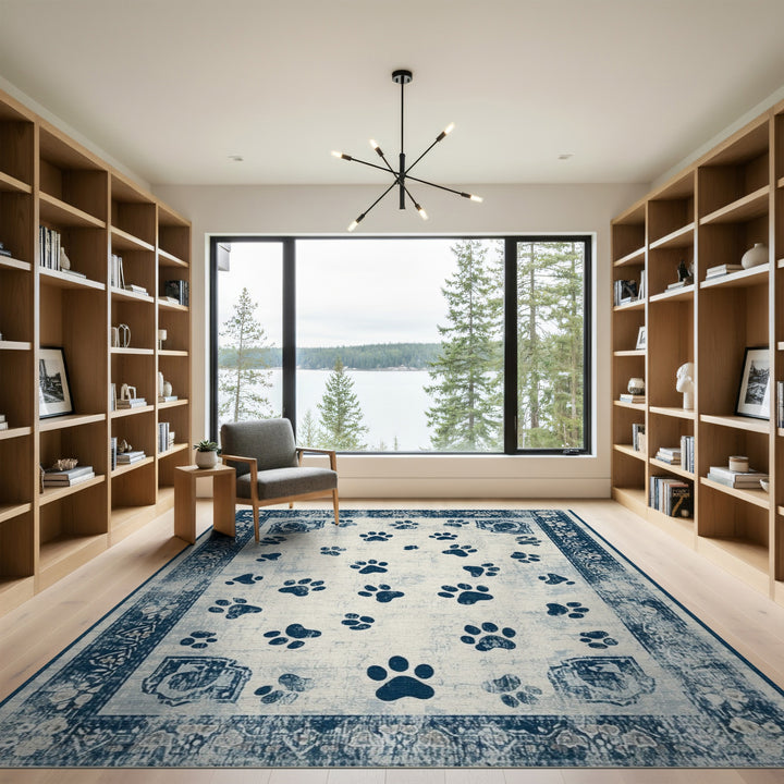 Blue and Teal Distressed Blue Paw Print Area Rug