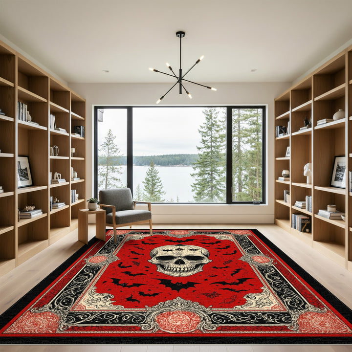 Red Gothic Skull Bat Area Rug