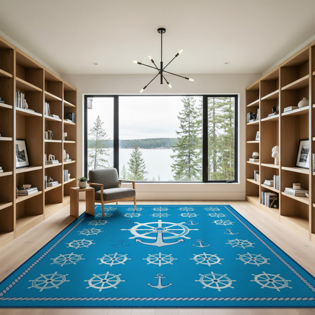 Blue Nautical Ship Wheel Anchor Area Rug