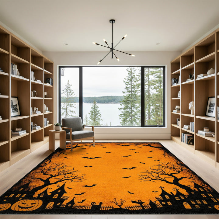 Halloween Bats Haunted House Orange Area Rug