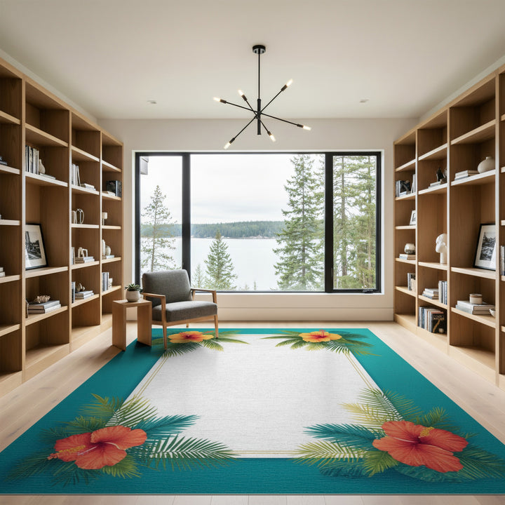 Hibiscus Palm Teal Border Area Rug