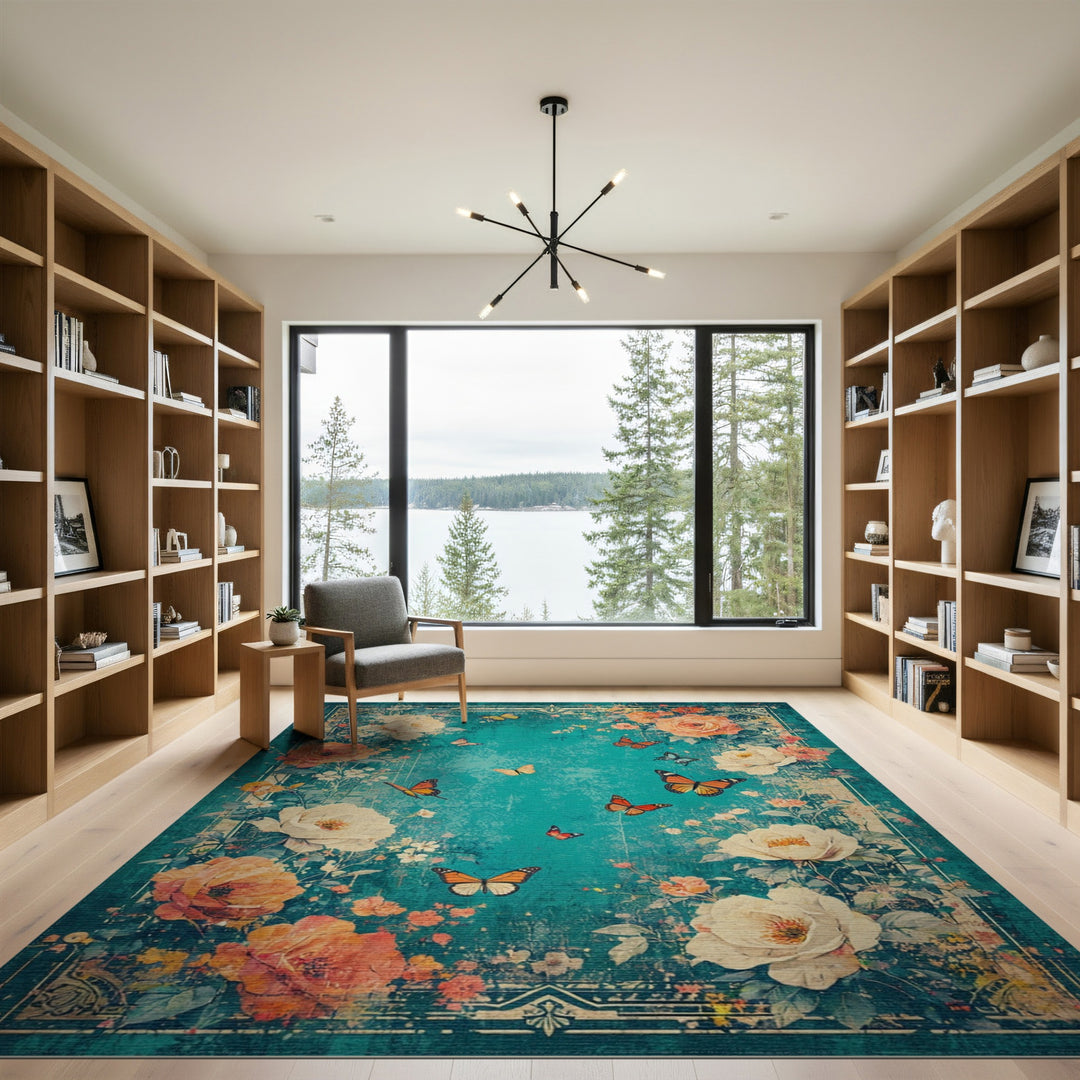 Distressed Teal Floral Vintage Area Rug with Butterflies
