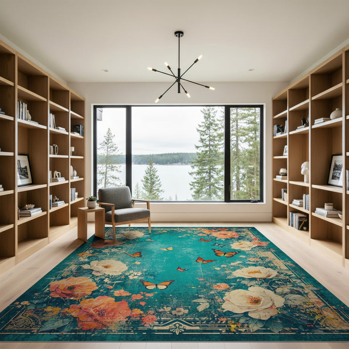 Distressed Teal Floral Vintage Area Rug with Butterflies