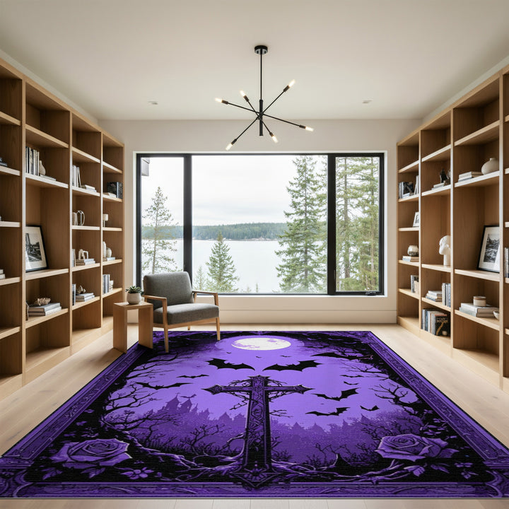 Purple Gothic Moon Cross Area Rug