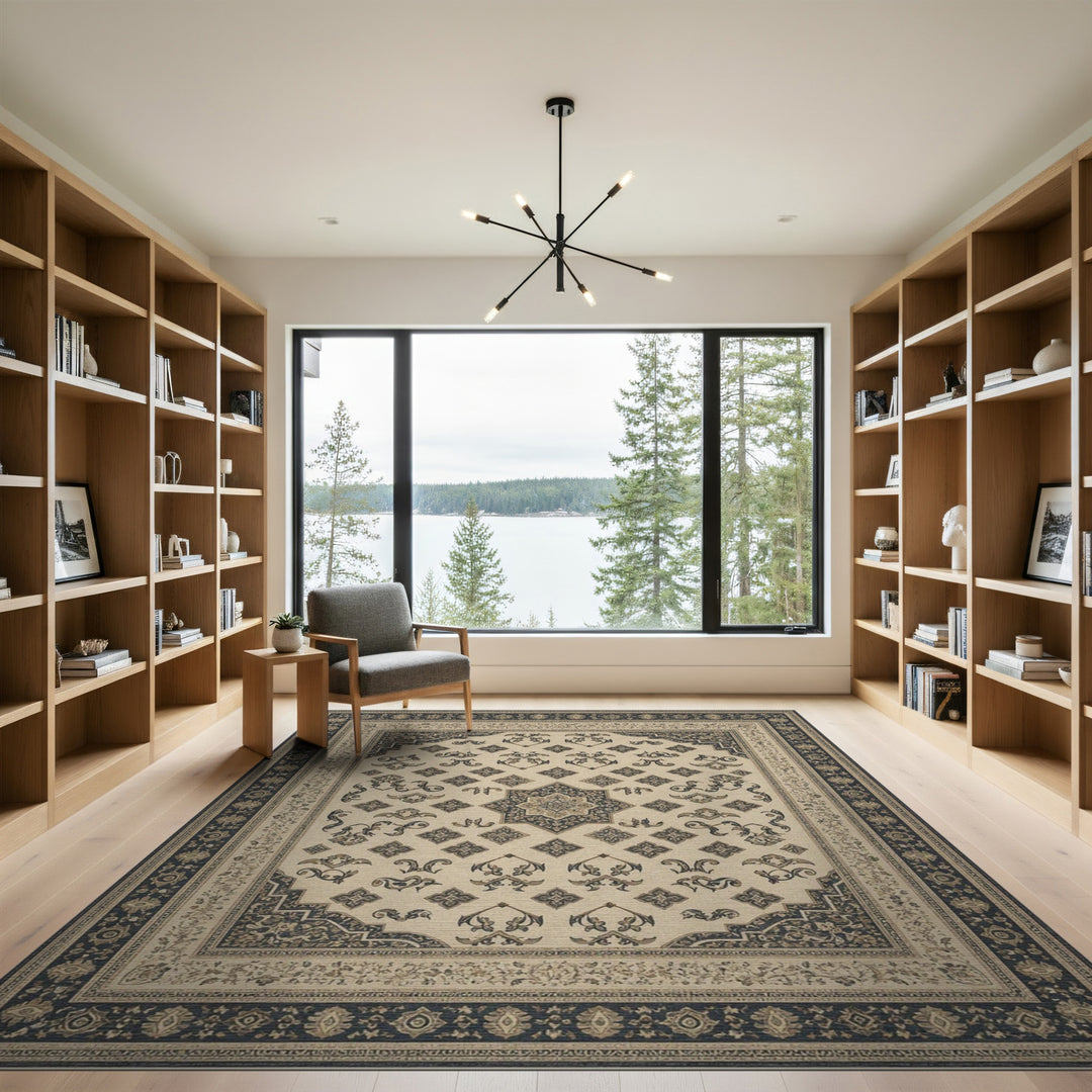 Traditional Persian Beige and Neutral Beige Persian Medallion Area Rug
