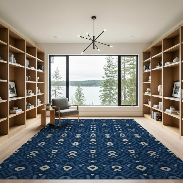 Navy Blue Geometric Washable Area Rug