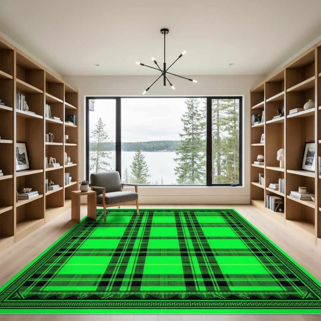 Vibrant Green Plaid Washable Area Rug