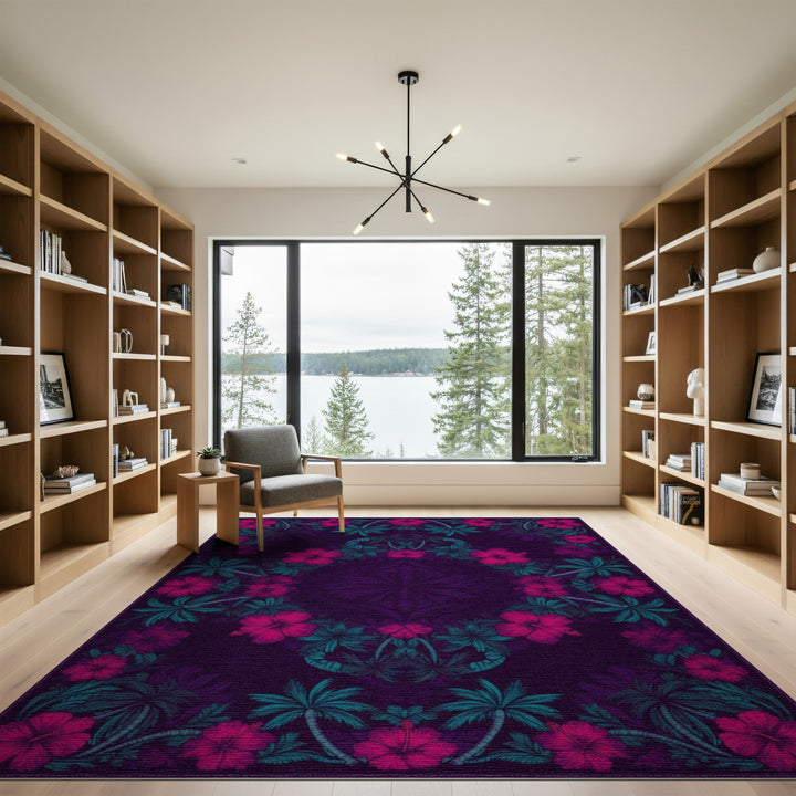 Purple Hibiscus Floral Medallion Area Rug