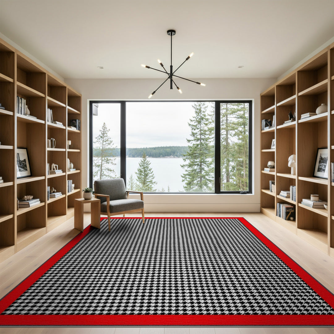 Black White Houndstooth Rug with Red Border