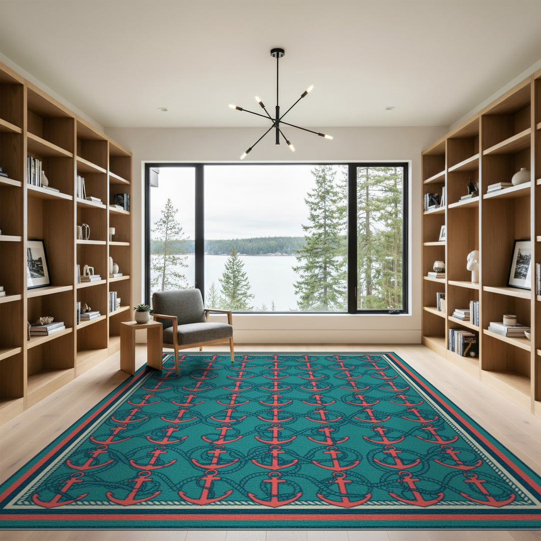 Red Anchor Teal Coastal Area Rug