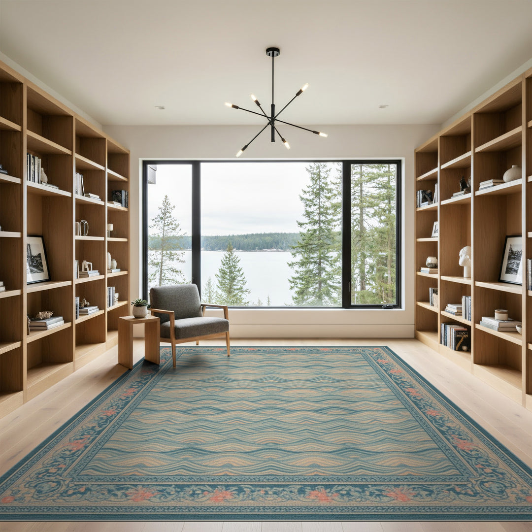 Blue Teal Wave Floral Vintage Area Rug