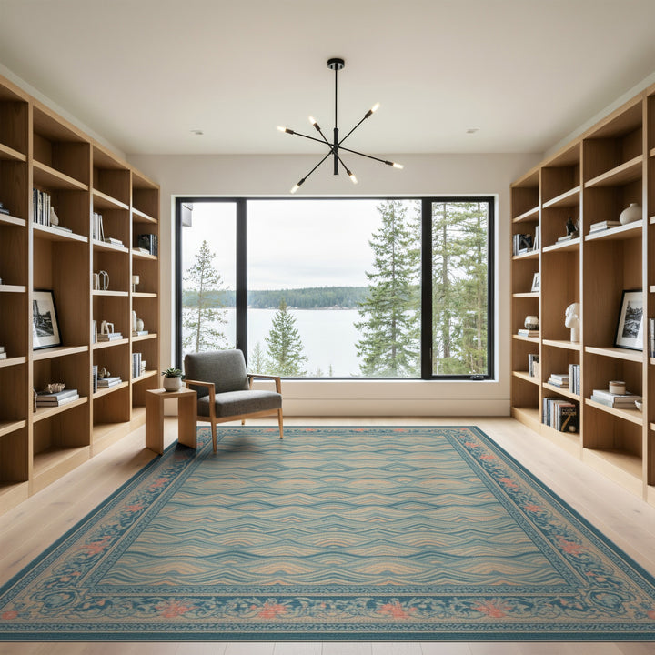 Blue Teal Wave Floral Vintage Area Rug