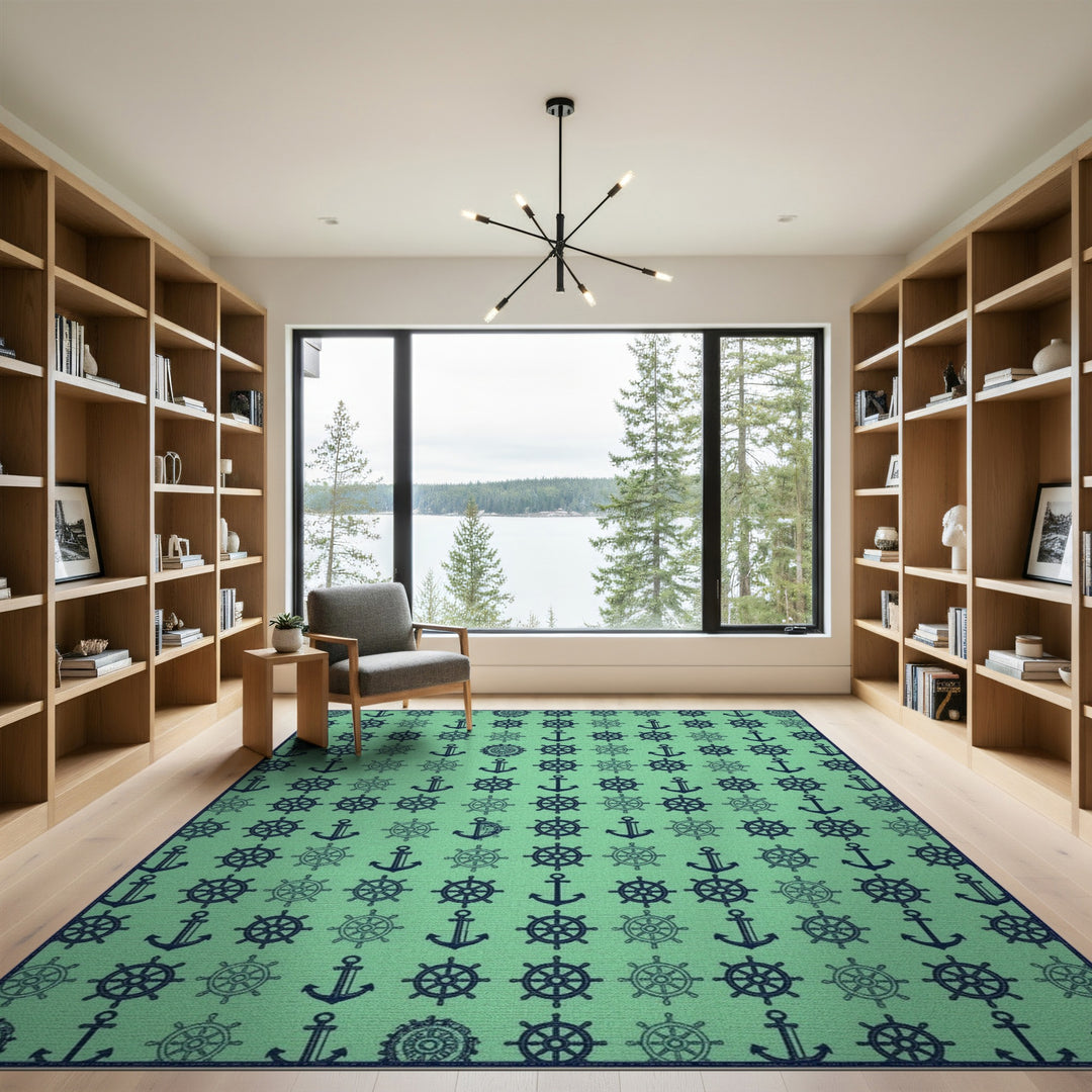 Nautical Teal Anchor Ship Wheel Area Rug