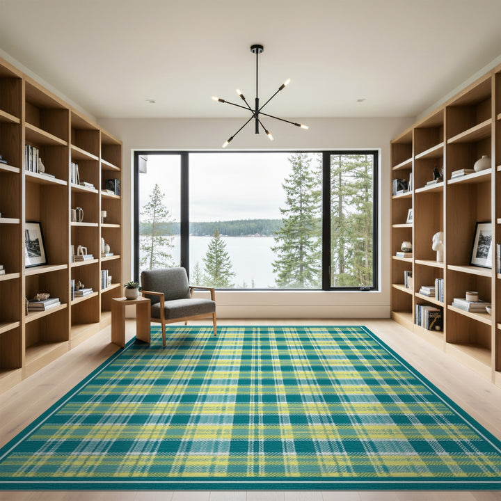 Teal Yellow Plaid Geometric Area Rug