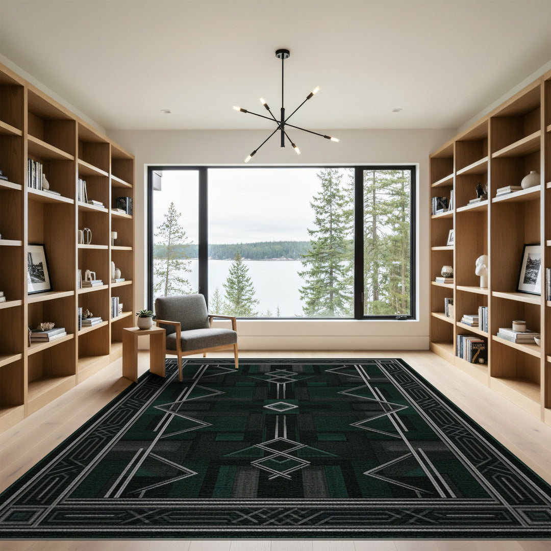 Dark Green Geometric Area Rug