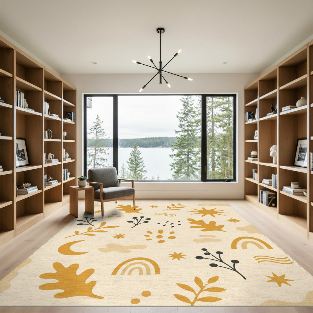 Beige Boho Chic Washable Area Rug with Sun Moon Leaves