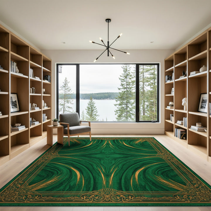 Green Marble Swirl Area Rug with Gold Ornate Border