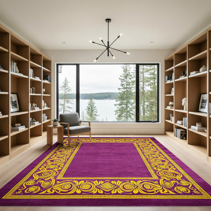 Purple Floral Vintage Area Rug with Yellow Border