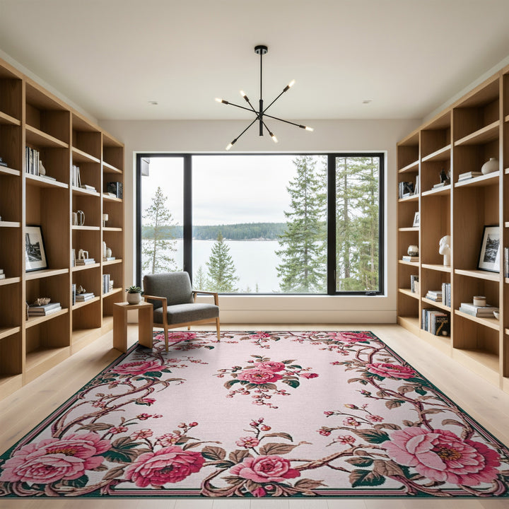 Pink Rose Floral Vintage Washable Area Rug