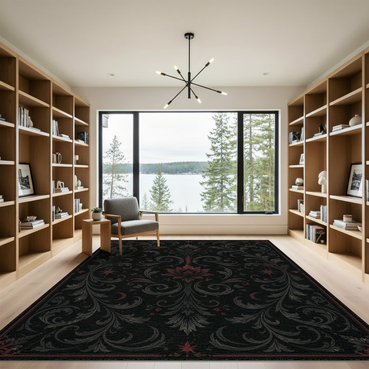 Black Floral Scroll Area Rug
