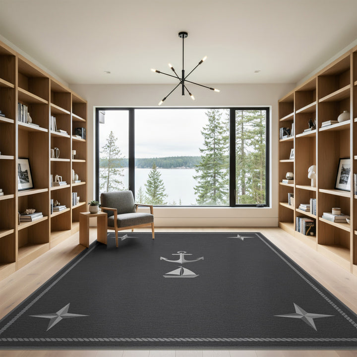 Grey Nautical Anchor Sailboat Rope Rug