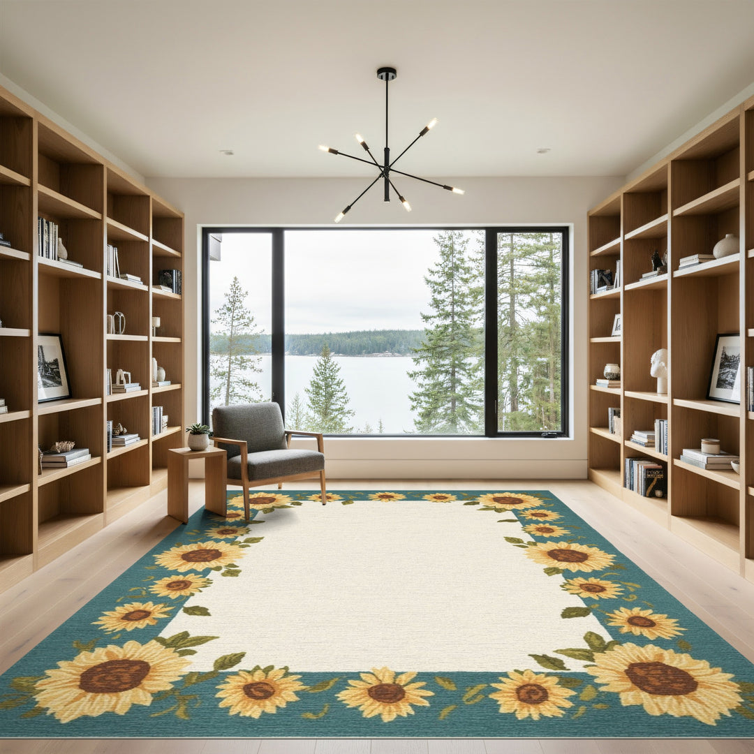 Sunflower Teal Border Area Rug