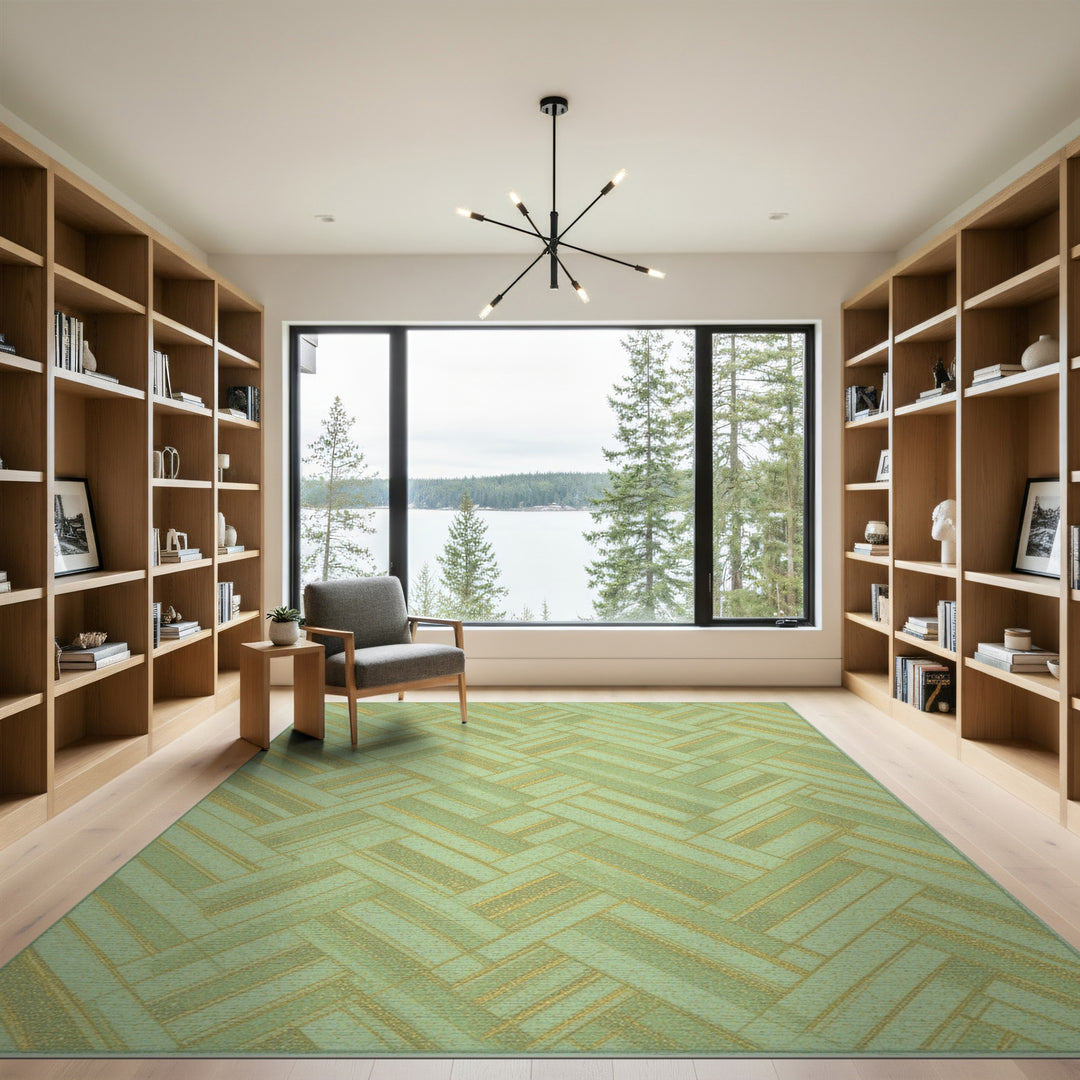 Green Geometric Area Rug with Gold Accents