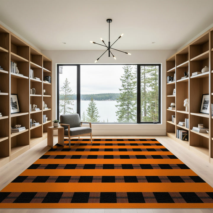 Orange Black Checkered Stripe Area Rug