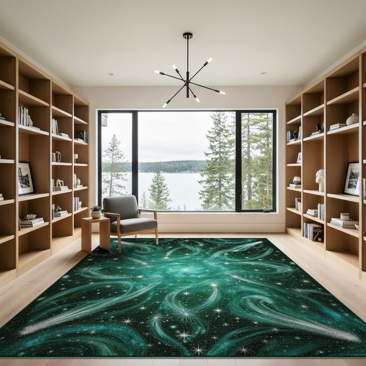 Starry Teal Nebula Washable Area Rug