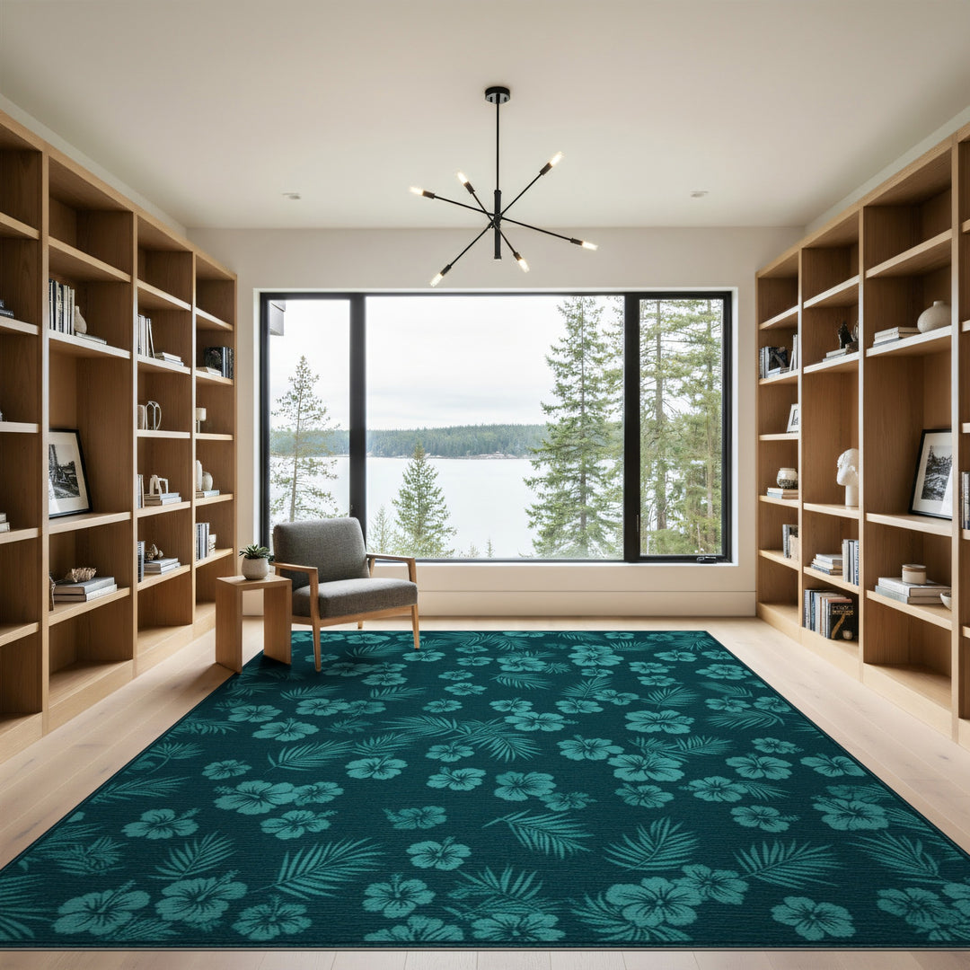 Coastal Teal Hibiscus Area Rug