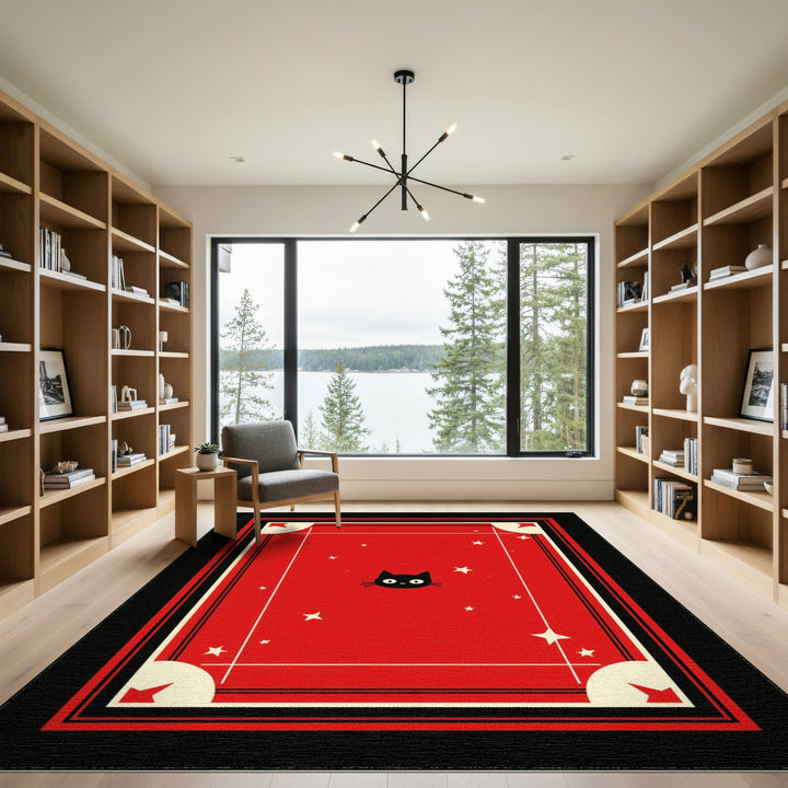 Red Black Cat Stars Kids Area Rug