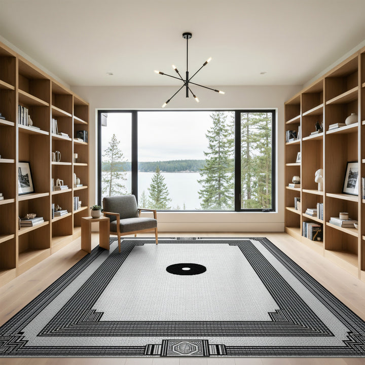 Black White Geometric Border Area Rug