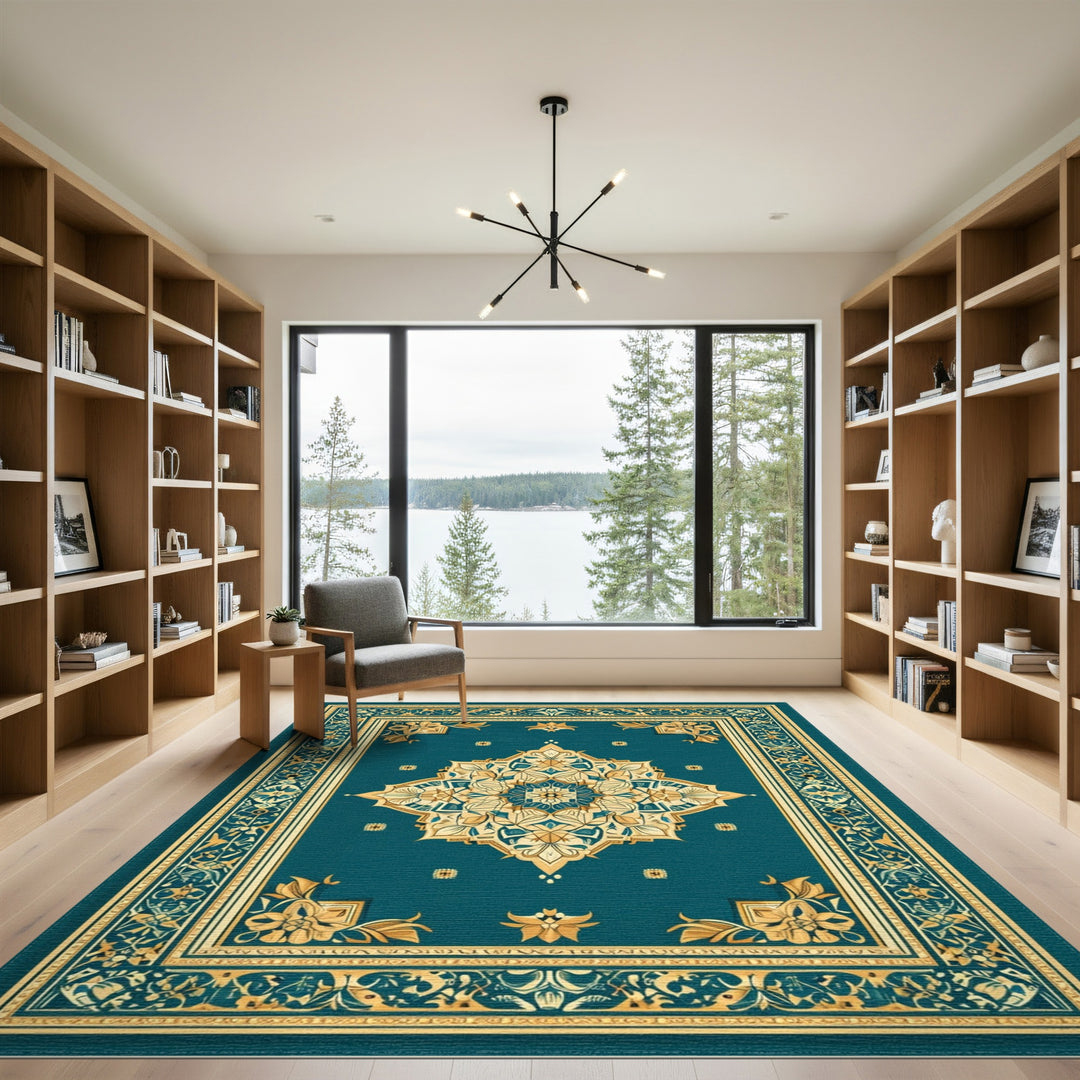 Blue and Teal Gold Floral Persian Area Rug