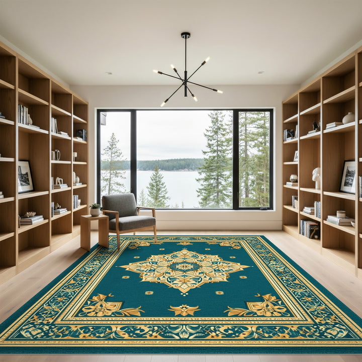 Blue and Teal Gold Floral Persian Area Rug
