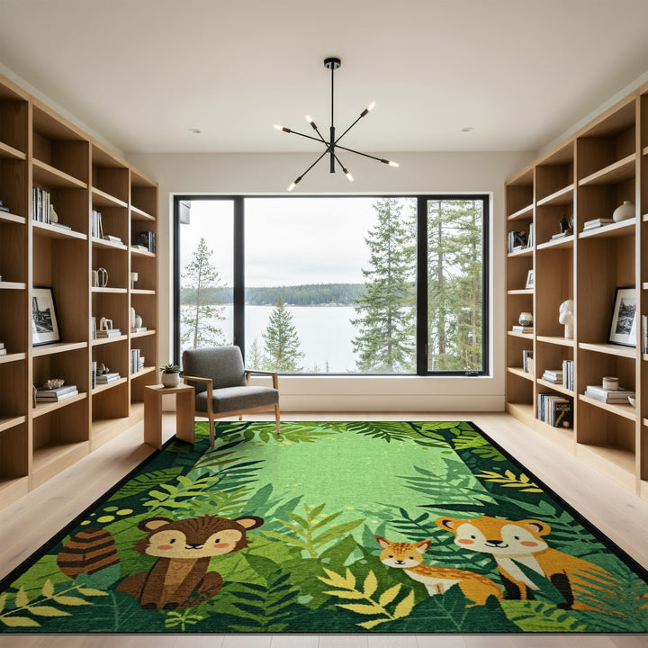 Forest Friends Kids Cartoon Green Area Rug