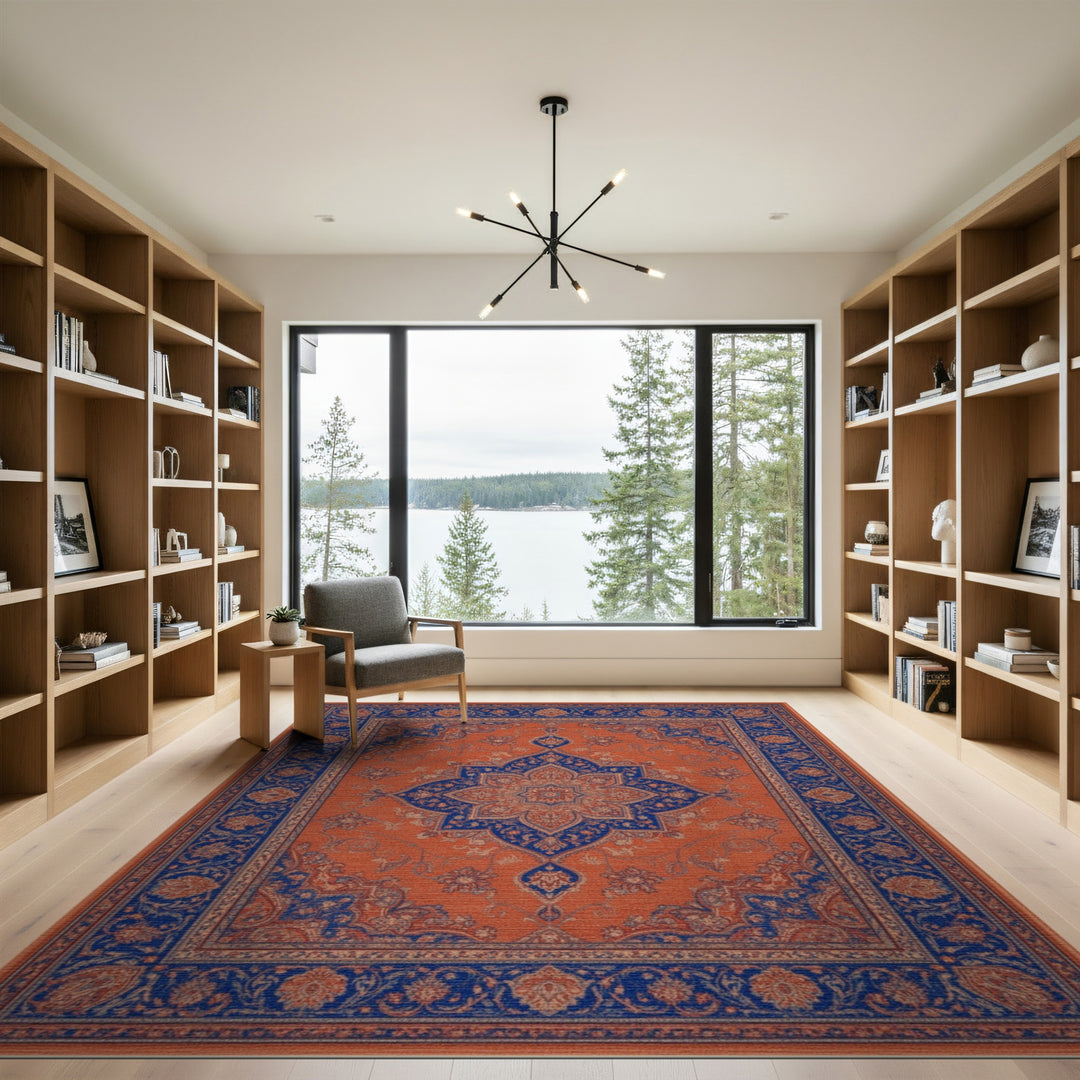 Traditional Persian Orange Blue Persian Medallion Area Rug