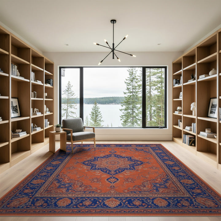 Traditional Persian Orange Blue Persian Medallion Area Rug