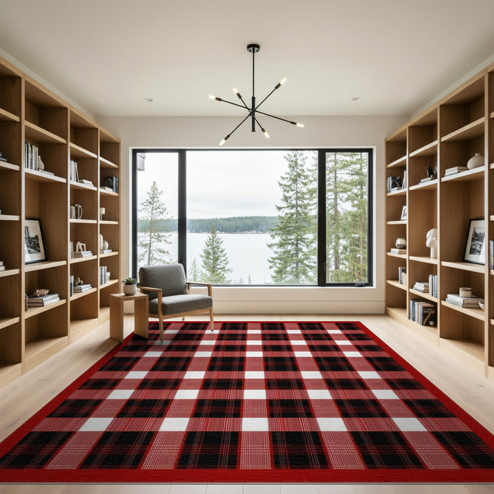 Geometric Modern Red Black Buffalo Check Area Rug