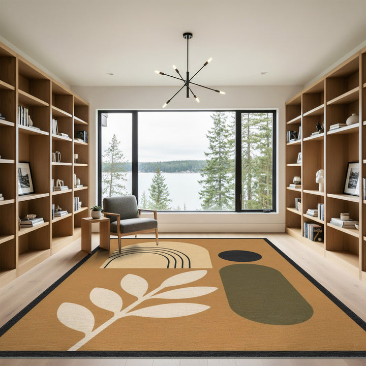 Abstract Brown Geometric Area Rug with Leaf