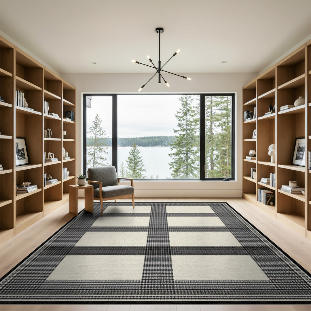 Black White Windowpane Check Area Rug