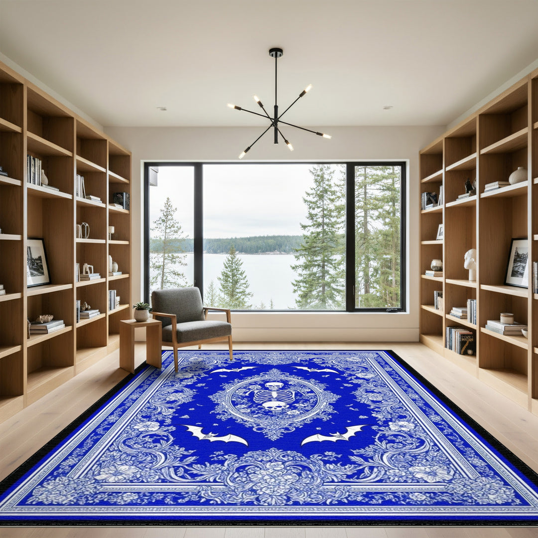 Blue Gothic Floral Skeleton Area Rug