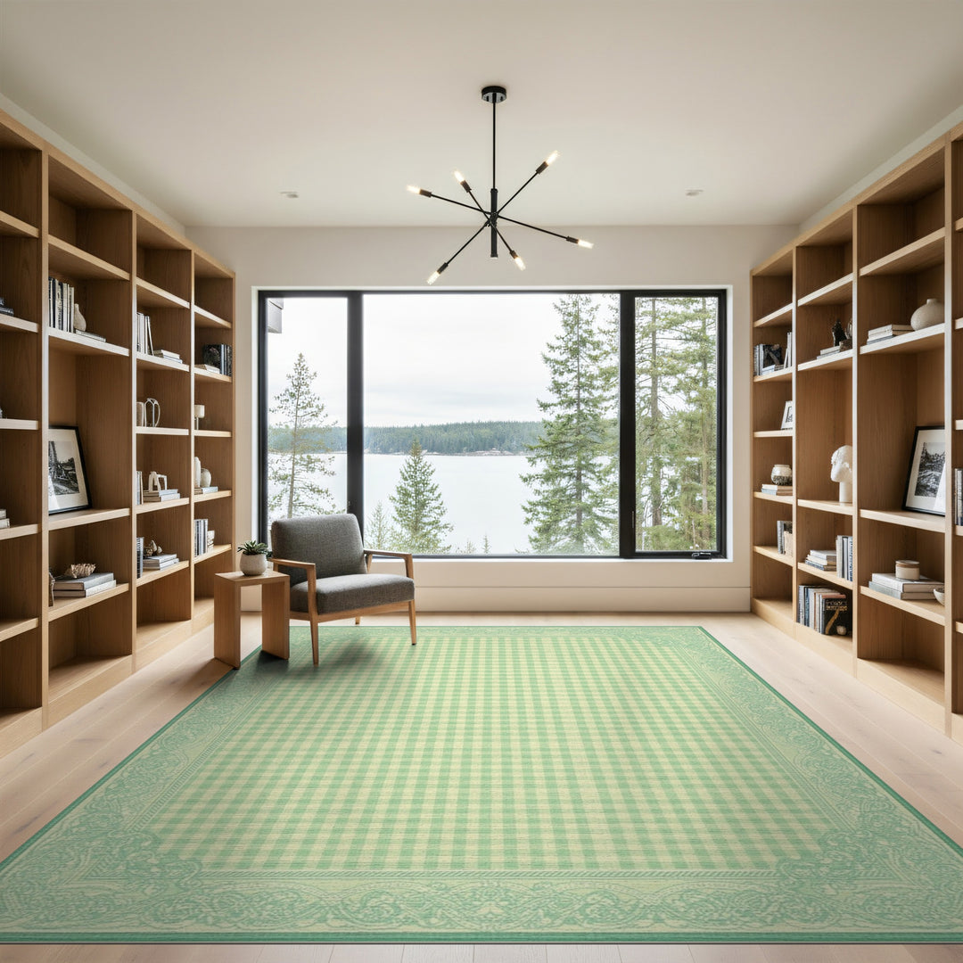 Green Gingham Checkered Area Rug with Ornate Border
