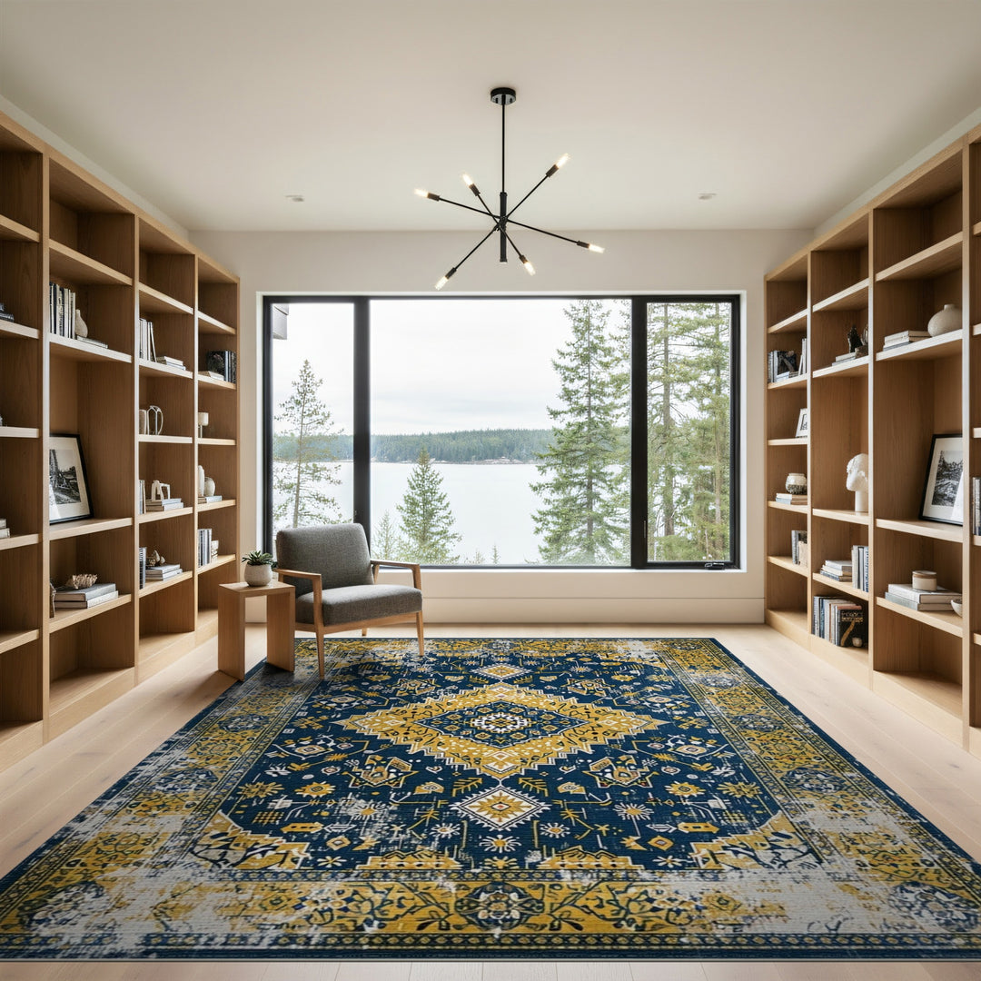 Distressed Navy Blue and Gold Vintage Area Rug