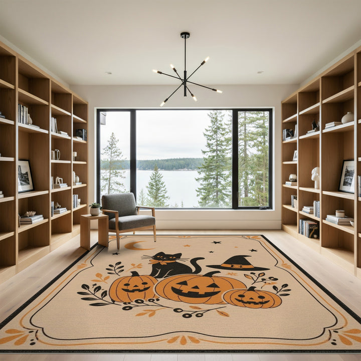 Beige and Neutral Halloween Black Cat Pumpkin Area Rug