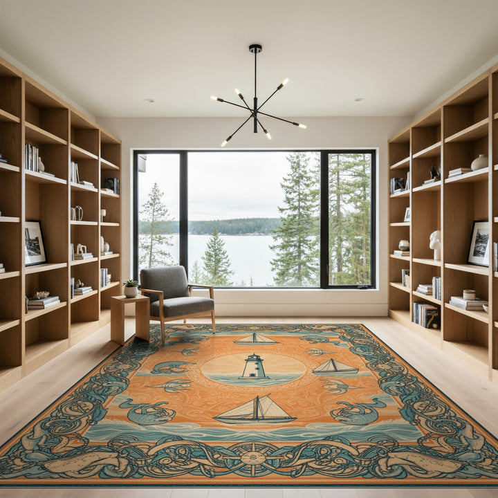 Coastal Lighthouse Octopus Area Rug
