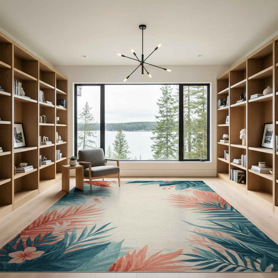 Blue Teal Coastal Leaf Area Rug