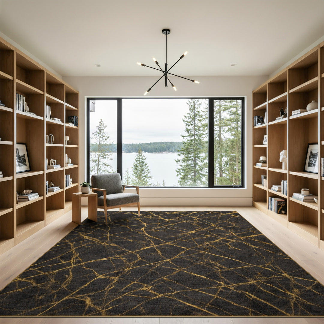 Gold and Silver Black and Gold Abstract Marble Area Rug