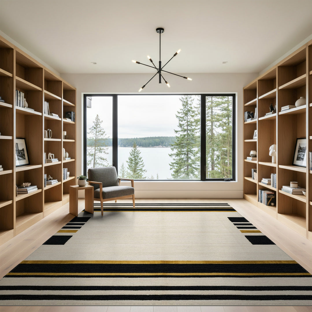 Black and White Black Gold Geometric Striped Area Rug